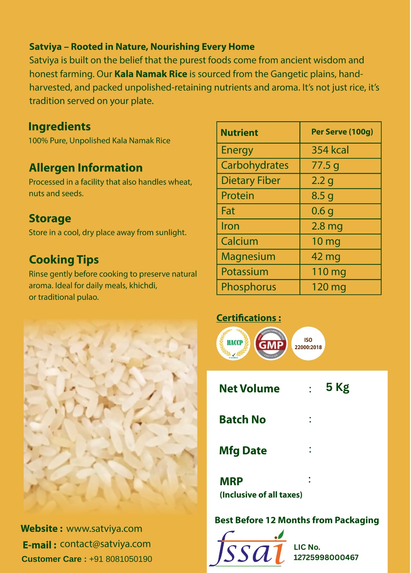 Satviya Kalanamak Diabetic Low GI Rice Unpolished Buddha Rice, Kala Namak Chawal for Diabetics, Blood Sugar Friendly, Protein Powerhouse: Iron & Zinc Rich Whole Grain.